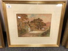 John Johnson : A village scene with a man on horse outside a thatched cottage, watercolour, signed,