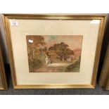 John Johnson : A village scene with a man on horse outside a thatched cottage, watercolour, signed,