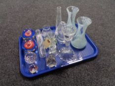 A tray of glass ware, Caithness vases, Stuart Crystal,