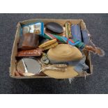 A box of sewing threads, vintage hat, parasol, enamel compact,