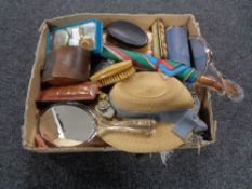 A box of sewing threads, vintage hat, parasol, enamel compact,