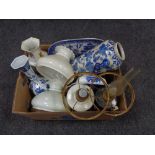 An antique converted oil lamp, blue and white pattern meat plate,