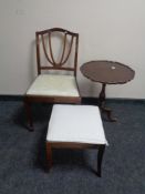 A mahogany pie crust edge wine table together with an occasional chair and stool