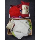 Two boxes of assorted bedding, quilts,
