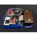 A tray of wooden trinket box, assorted keys, compacts, bottle openers, gent's spectacles,