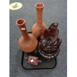 A tray of carved hardwood figure - Eastern god on stand, carved table box,
