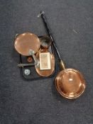 A copper bed warming pan together with a tray of lidded pan and pot, Cloisonne hand bell,