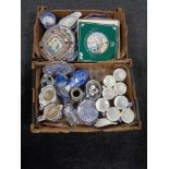Two boxes of assorted china including wall plates, Ringtons mugs,