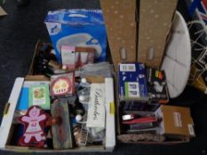 Three boxes of miscellaneous including Christmas trees, brownie maker,