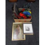 A box of mid 20th century picnic basket, Pringle woolen rug, chalk boards,