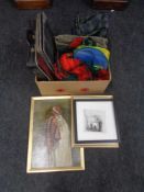 A box of mid 20th century picnic basket, Pringle woolen rug, chalk boards,