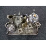 A tray of plated wares - twin handled gallery tray, candelabra,