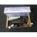 A box of Xbox 360 controller and accessories, bench grinder,