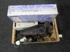 A box of Xbox 360 controller and accessories, bench grinder,