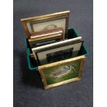 A box of framed pictures and prints, portrait studys,