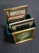 A box of framed pictures and prints, portrait studys,