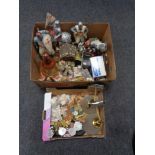 Two boxes of misc - pair of wall lights, fairy figures, tiger figures, Art Deco figures,