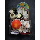 Three boxes of china, meat plate, water jug, tagine, oven dishes,