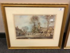 After Walter Holmes : The village square at Corbridge, reproduction in colours, signed in gold ink,