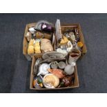 Three boxes of china, duck ornaments, cookie jars, cheese dish and cover,