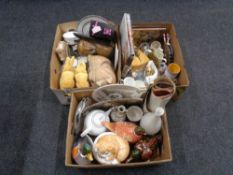 Three boxes of china, duck ornaments, cookie jars, cheese dish and cover,