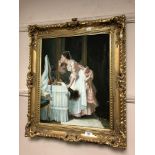 Bob Lloyd : lady in a pink dress by a mirror, oil on canvas, 39 cm x 49 cm, framed.