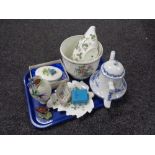 A tray of china including Dutch windmill teapot, Franz vase, Coalport china lids,