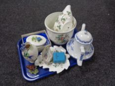 A tray of china including Dutch windmill teapot, Franz vase, Coalport china lids,