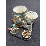A tray of antique and later china - Staffordshire flat back figure, pair of Portmeirion jugs,