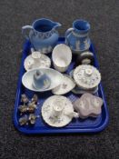 A tray of china, Wedgwood jasper ware, Spode Campanula candlesticks,