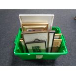 A box of pictures and prints, monochrome photographs,