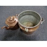 An antique copper swing handled cooking pot and kettle