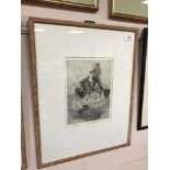 Henry Wilkinson : A fishermen in a boat reeling in the catch, etching in colours, signed in pencil,