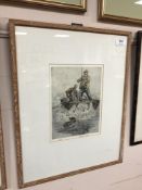 Henry Wilkinson : A fishermen in a boat reeling in the catch, etching in colours, signed in pencil,