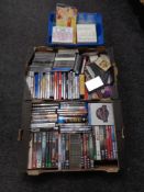 Two boxes and plastic crate of DVD's and CD's