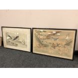 A Japanese painting on rice paper depicting warriors, 43cm by 63cm,