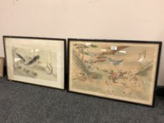 A Japanese painting on rice paper depicting warriors, 43cm by 63cm,