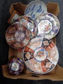 A box of oriental china - Imari plates, wall plaques, bowls,