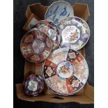 A box of oriental china - Imari plates, wall plaques, bowls,