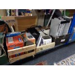 Three boxes of electricals, angle poised lamp, heater,