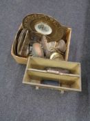 A box of assorted metal and brass ware - embossed mag rack, bellows, flat iron,