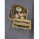 A box of assorted metal and brass ware - embossed mag rack, bellows, flat iron,