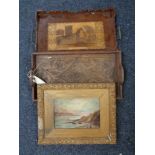 An antique gilt framed oil on board - Two figures by a boat,