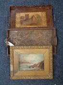 An antique gilt framed oil on board - Two figures by a boat,