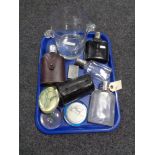 A tray of glass ice bucket, leather cased beakers, four hip flasks,