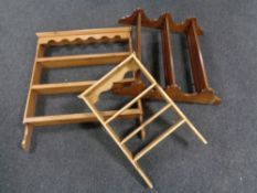 Two pine kitchen wall shelves and a mahogany wall shelf