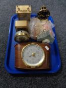 A tray of assorted 20th century barometer, assorted carriage and desk clocks.