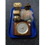 A tray of assorted 20th century barometer, assorted carriage and desk clocks.