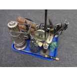 A tray of Shire horse and cart, oil lamp, fire poker,