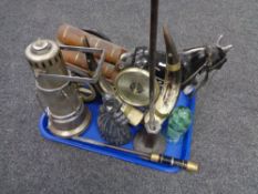 A tray of Shire horse and cart, oil lamp, fire poker,